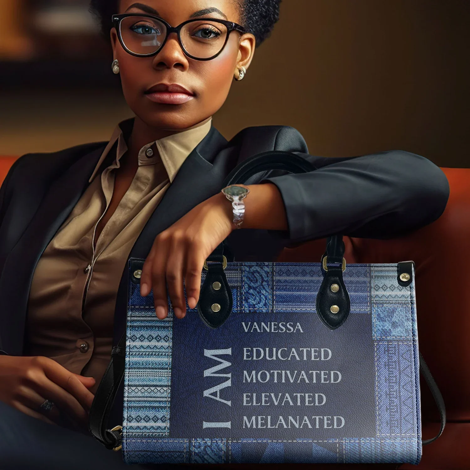 I Am Educated & Motivated Denim Print Tote - Personalized Leather Handbag - Gift for Black Women | HD95 - Image 6