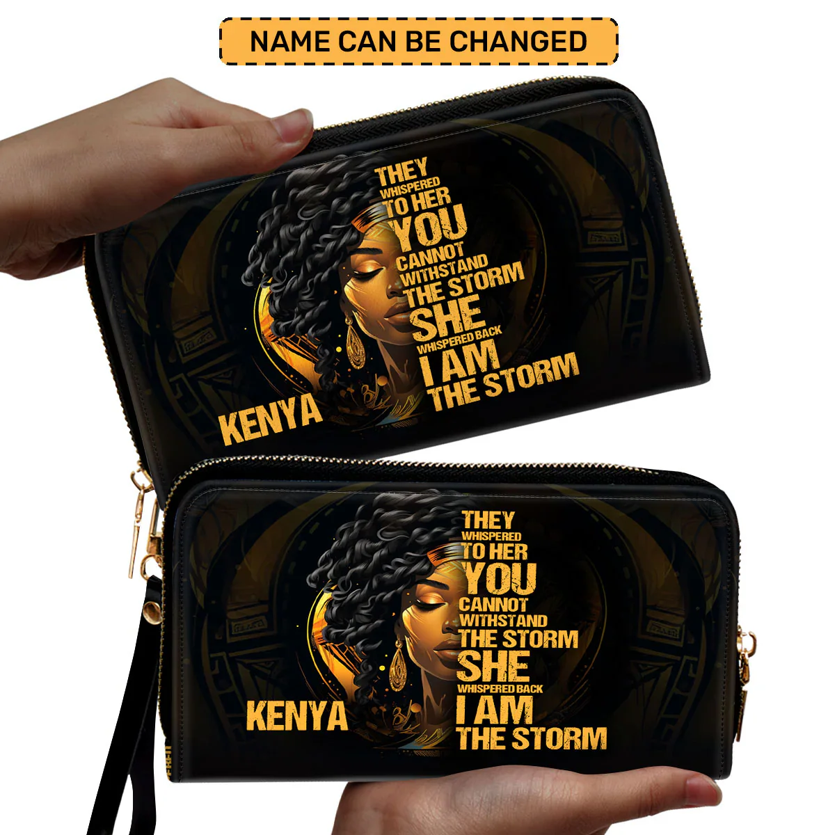 I Am the Storm Afrocentric Black Queen Quote – Personalized Leather Clutch Purse – Gift for Black Women