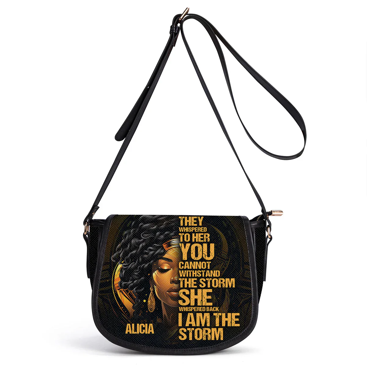 I Am the Storm Afrocentric Black Queen Quote – Personalized Saddle Cross Body Bag – Gift for Black Women - Image 2