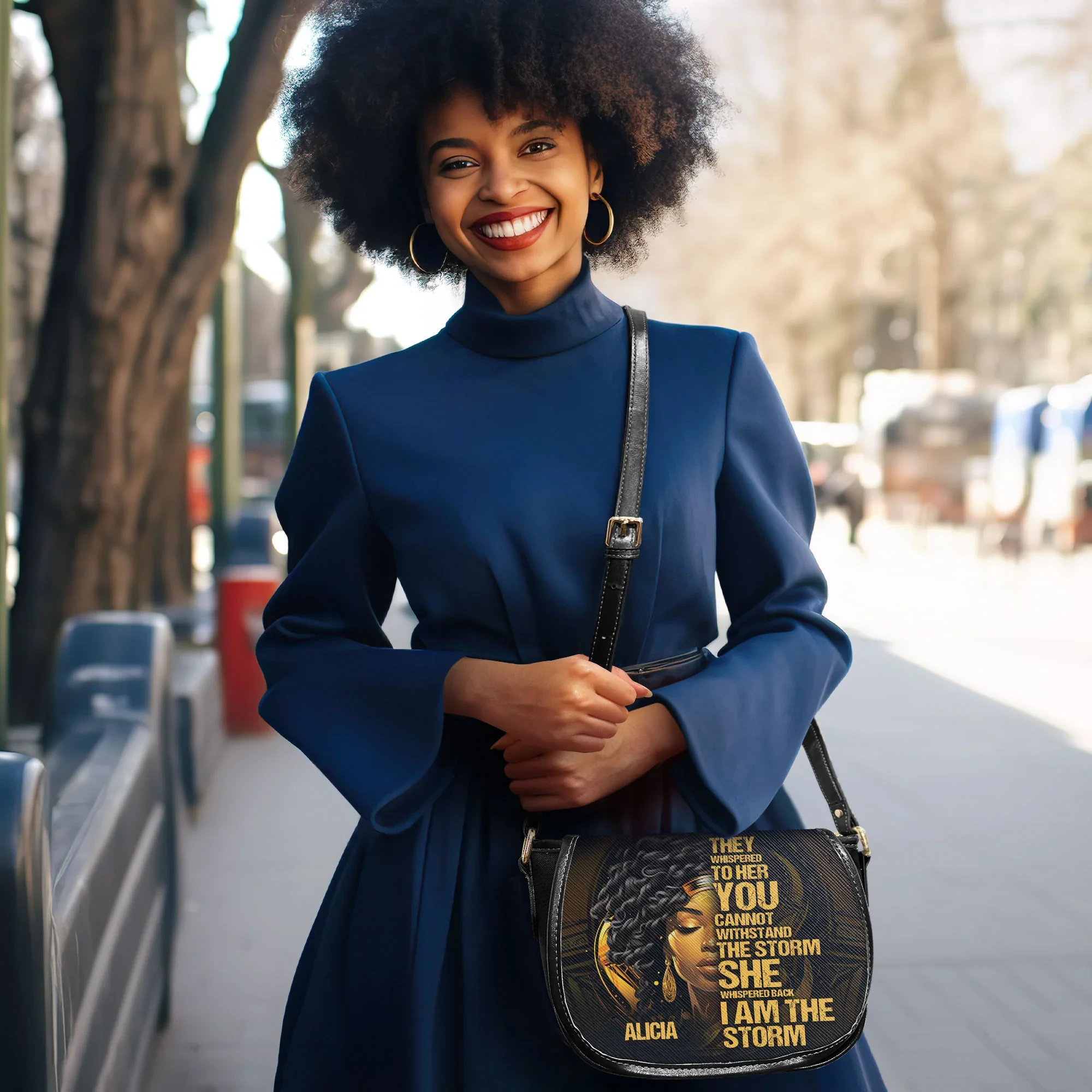 I Am the Storm Afrocentric Black Queen Quote – Personalized Saddle Cross Body Bag – Gift for Black Women - Image 4