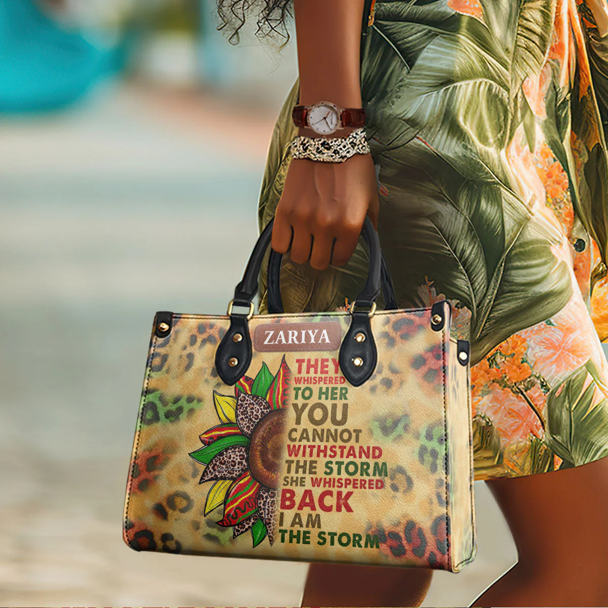 I Am the Storm Leopard Sunflower Print - Personalized Leather Handbag - Empowerment Gift For Her | HD95 - Image 2