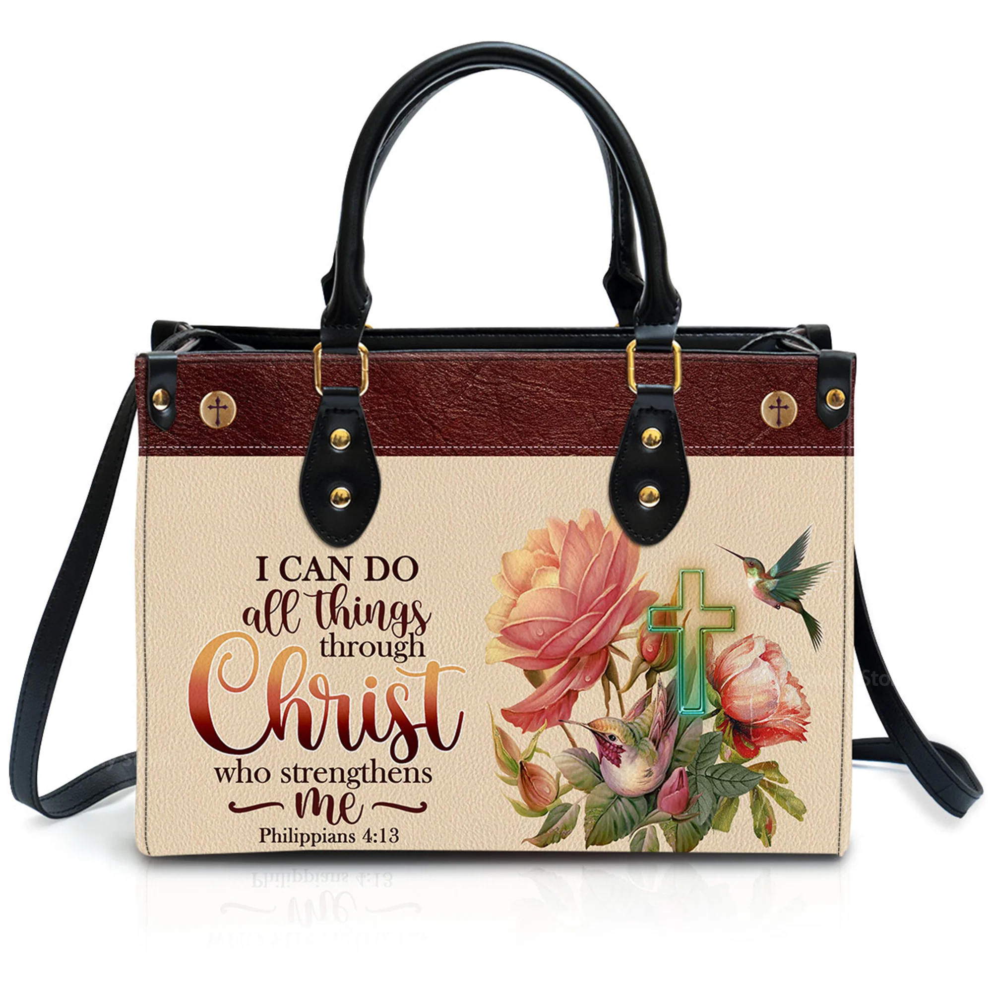 I Can Do All Things Through Christ Philippians 413 Humming Bird And Cross - Thoughtful Gift For Christians - Personalized Leather Handbag - AT4080923 - Image 2