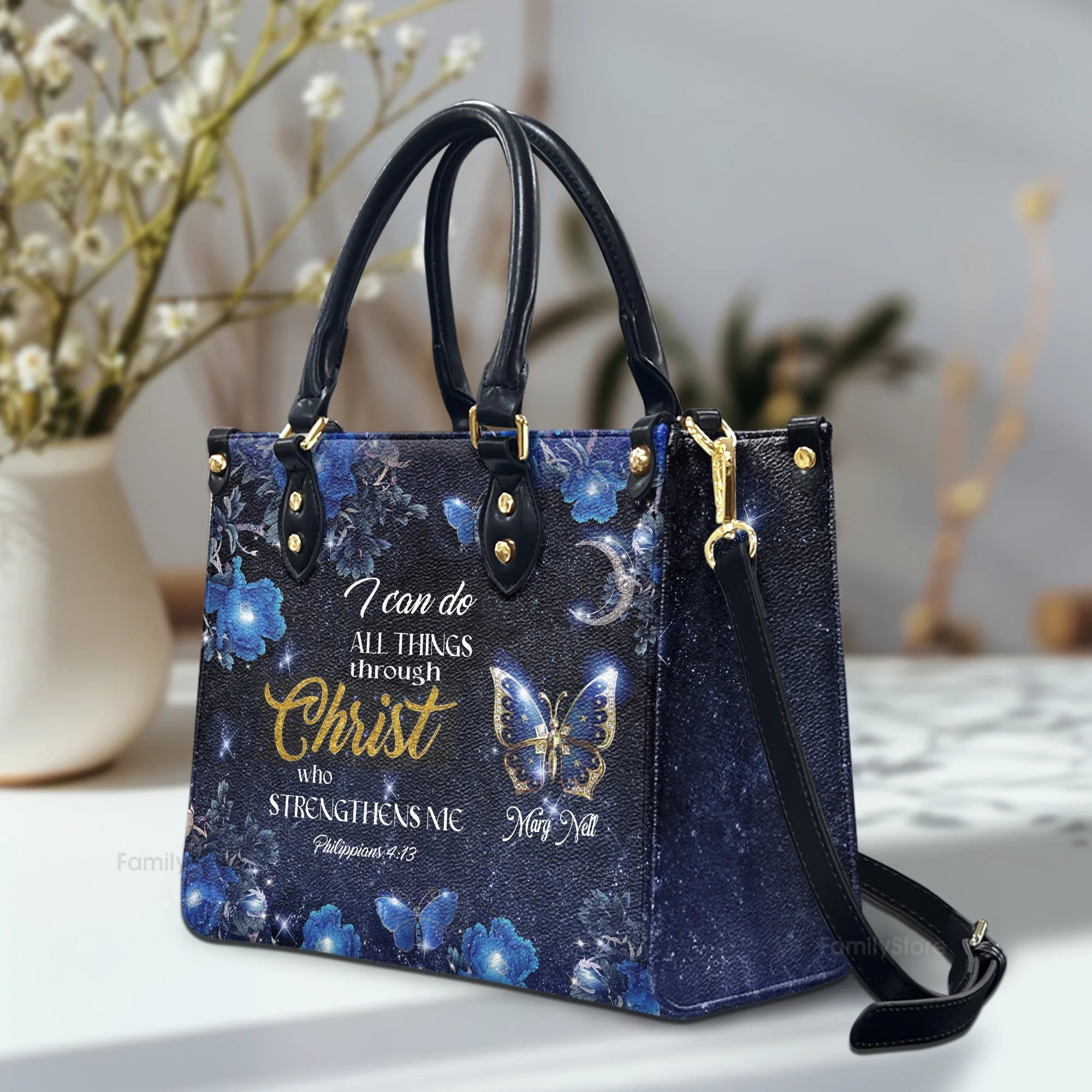 I Can Do All Things Through Christ - Pretty Personalized Leather Handbag - Image 2