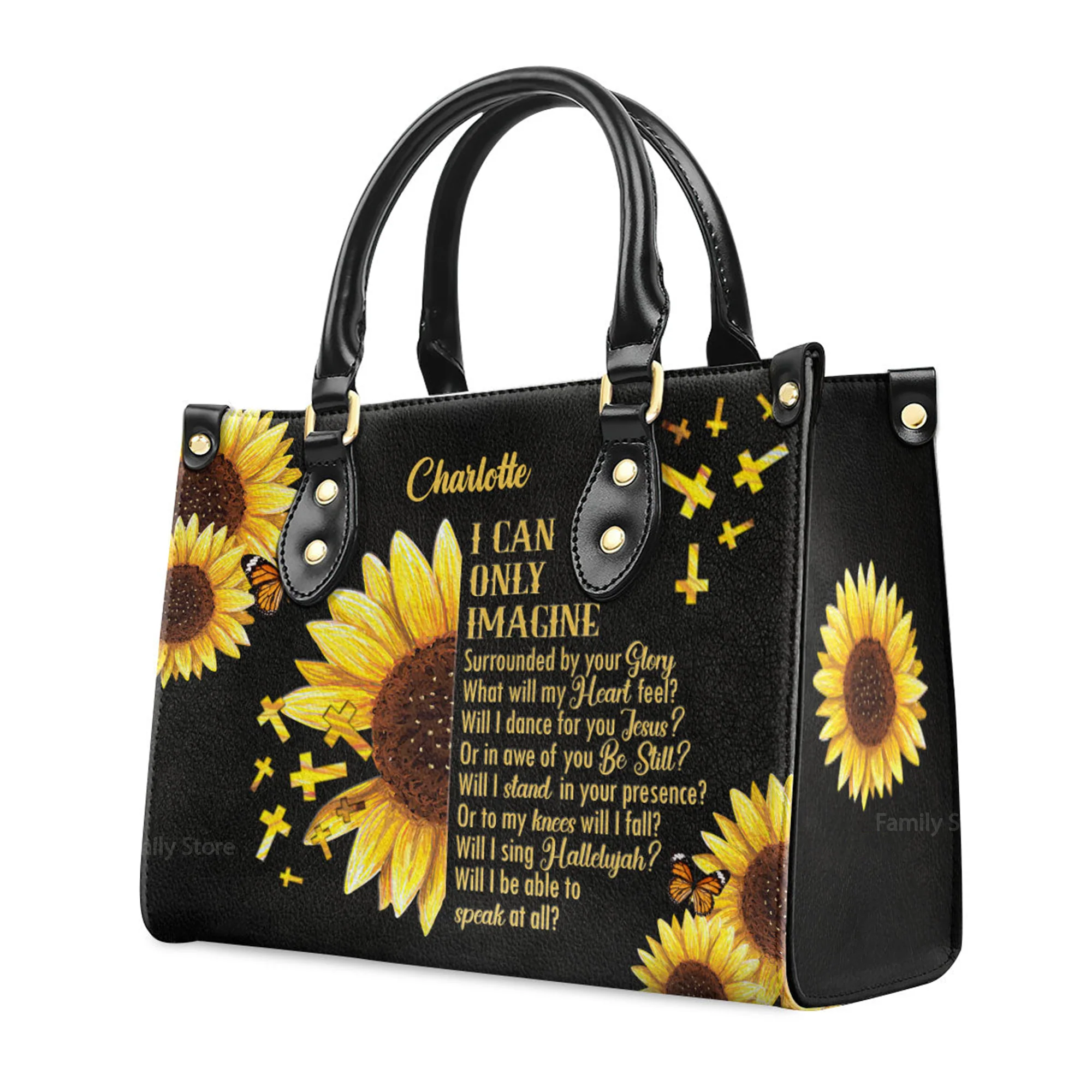 I Can Only Imagine Sunflower And Cross - Personalized Leather Handbag With Handle - AT4080914 - Image 3