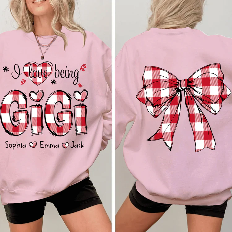 I Love Being Gigi Bow Buffalo Plaid - Personalized Sweatshirt With Design On Sleeve -  Meaningful Gifts For Grandma, Mom, Wife | Custom Sleeve NH96 - Image 7