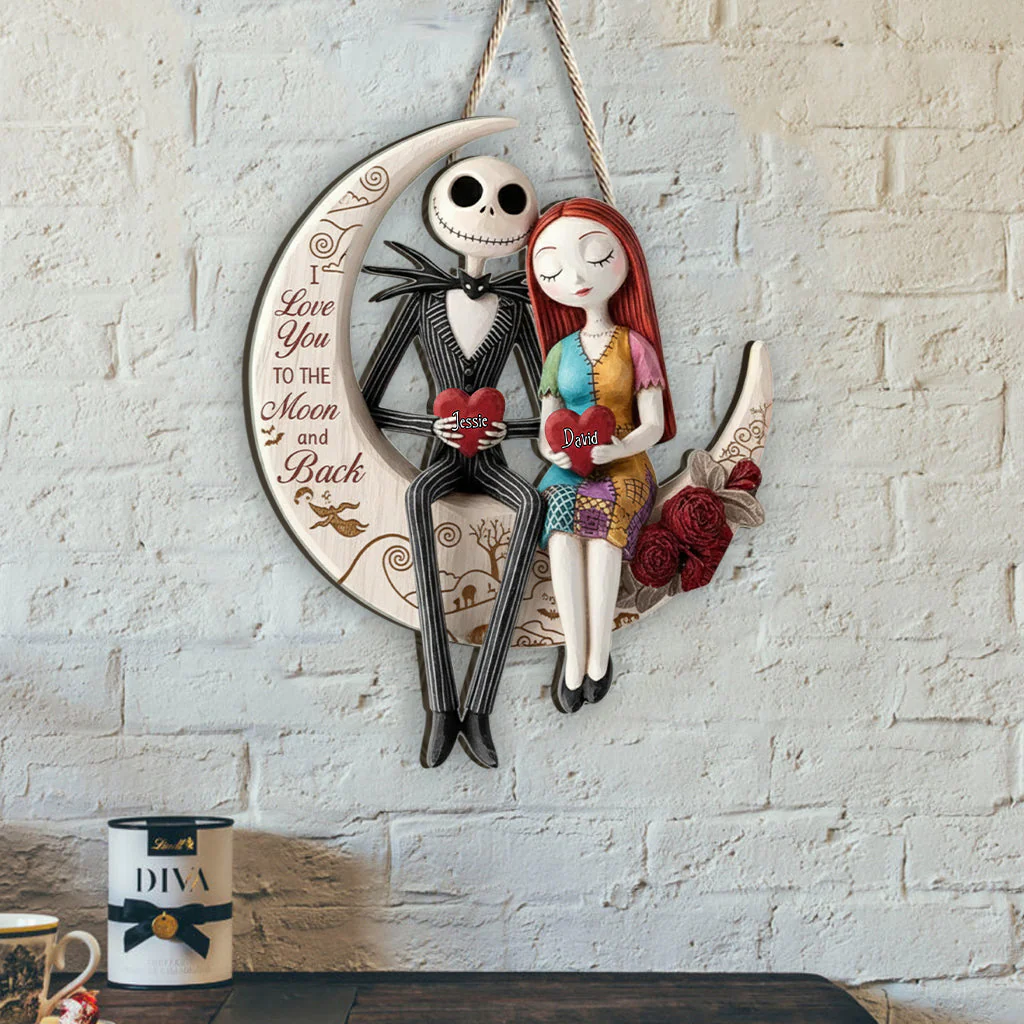 I Love You To The Moon And Back - Personalized Wood Sign - Christmas Gift For Spooky Couple HH01 - Image 2