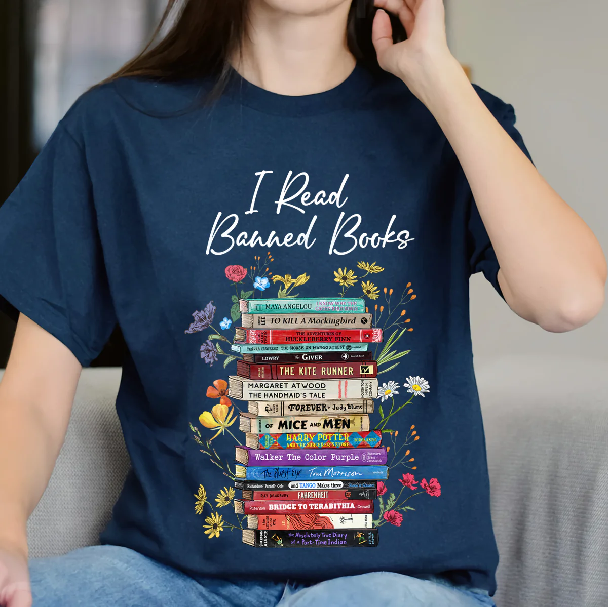 I Read Banned Books Flowers Book Lover Gift T-Shirt - Image 3