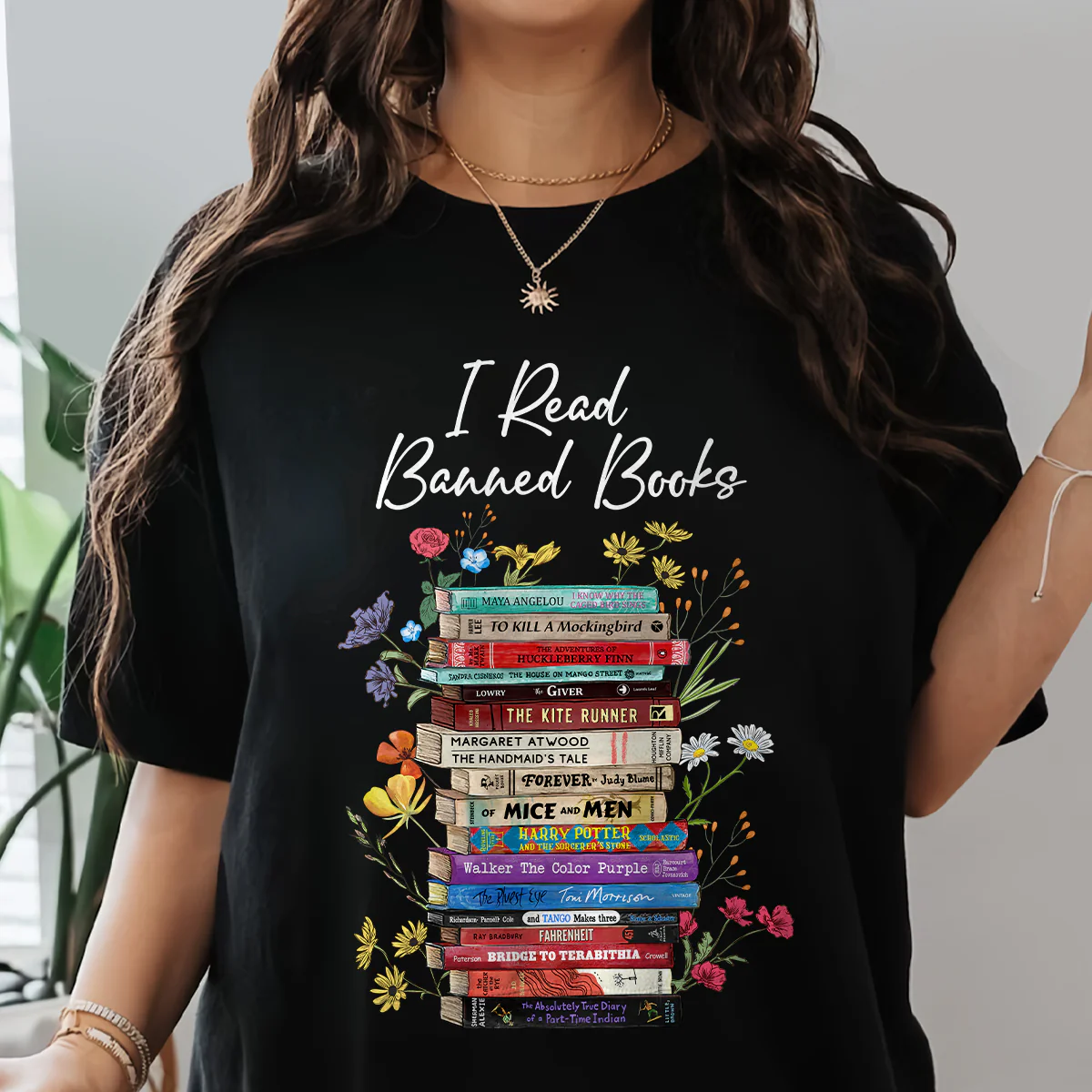 I Read Banned Books Flowers Book Lover Gift T-Shirt - Image 4
