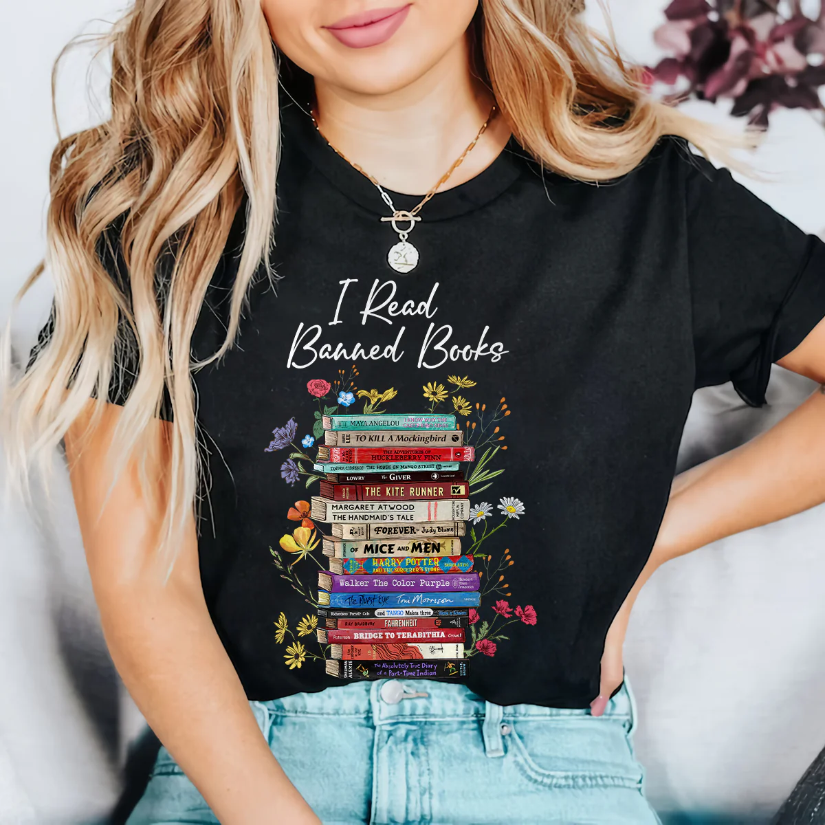I Read Banned Books Flowers Book Lover Gift T-Shirt - Image 5