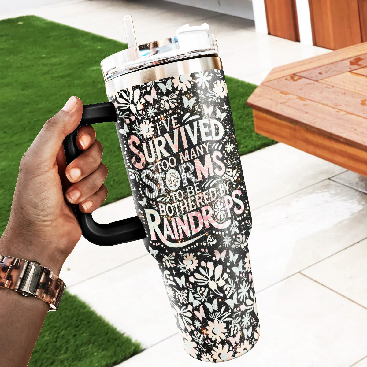 I’ve Survived Too Many Storms - Personalized Floral Stainless Steel Tumbler - Empowerment Gift For Her | GR3 HD95 - Image 4
