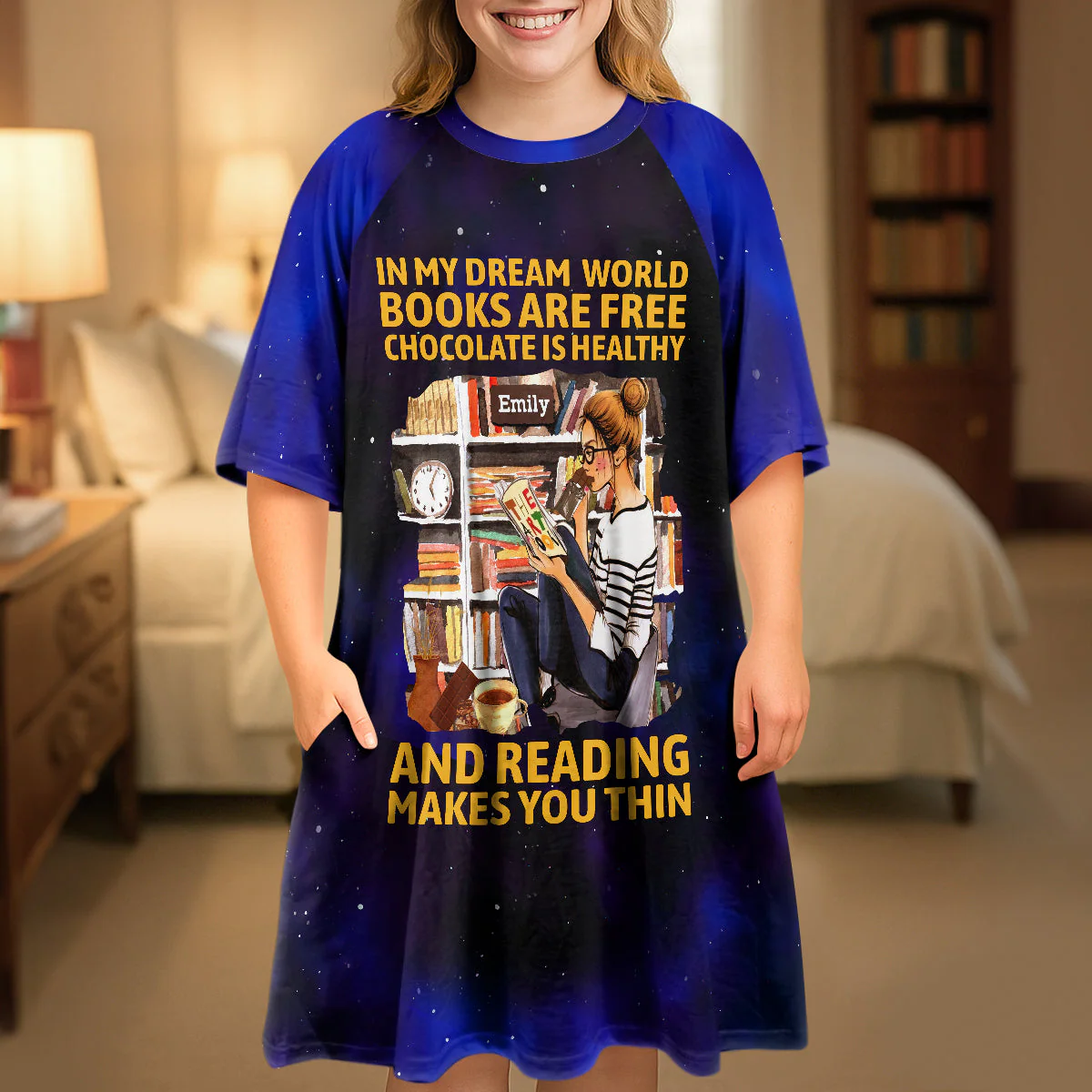 In My Dream World Books Are Free Chocolate Is Healthy And Reading - Personalized Sleep Tee