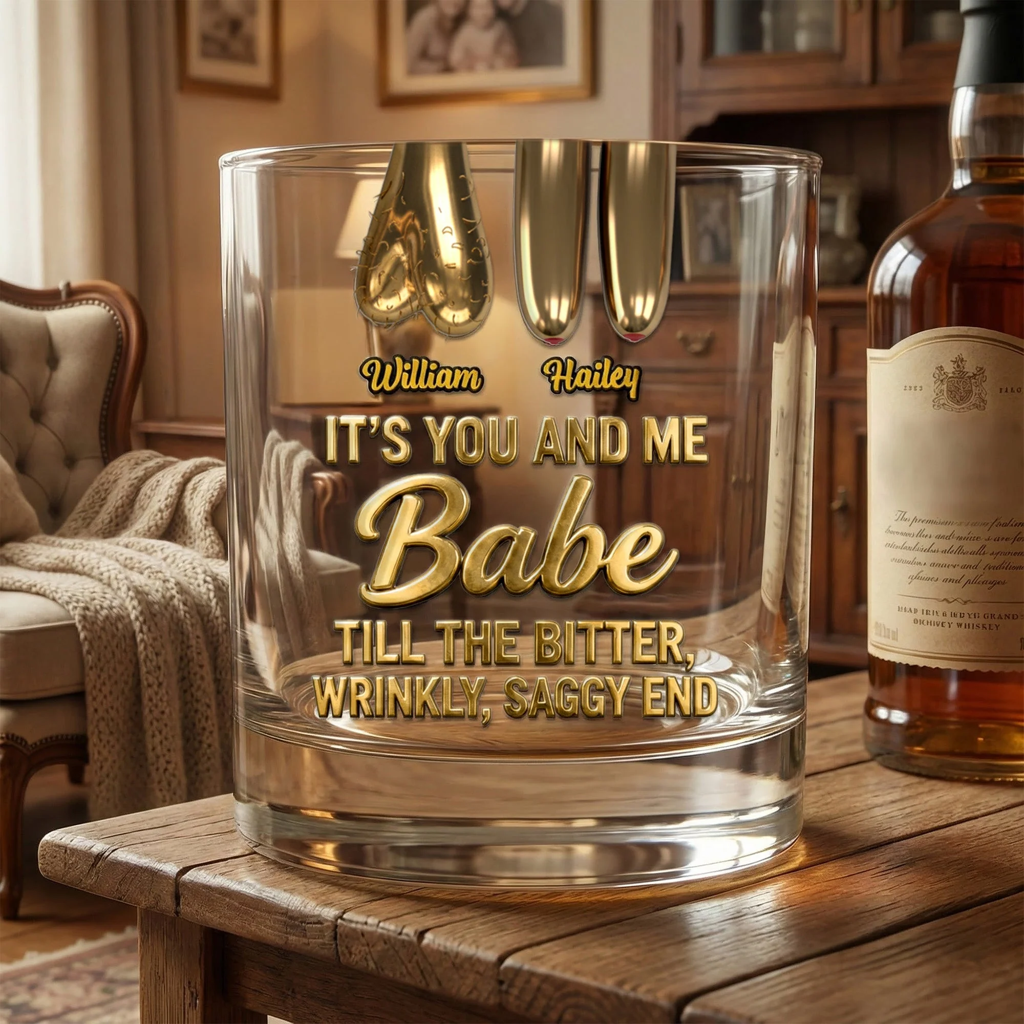 It's You And Me Babe Till The Bitter, Wrinkly, Saggy End - Personalized Whiskey Glass - Gift For Funny Couples NL122 - Image 2