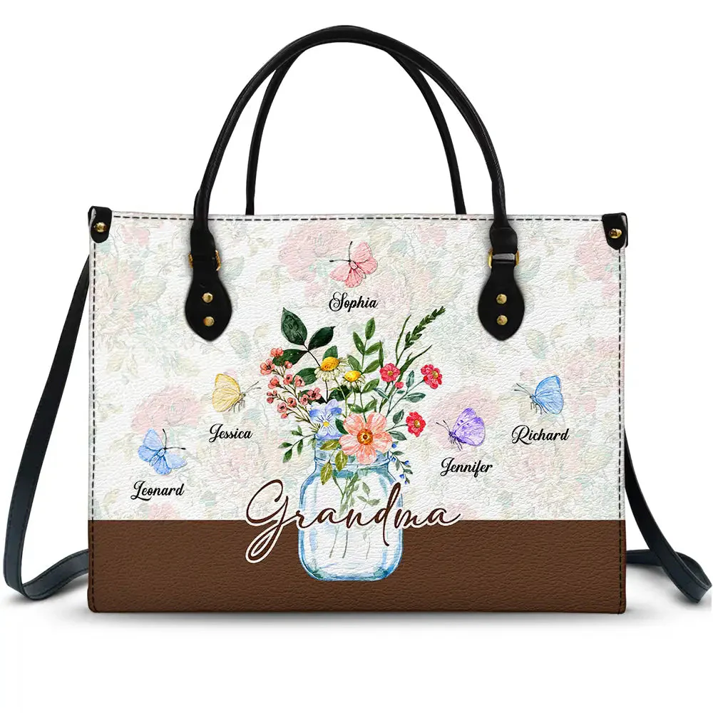 Jar Of Flowers And Butterfly Grandkids - Personalized Leather Bag - Gift For Mother, Grandma, Grandmother, Mother's Day NA94