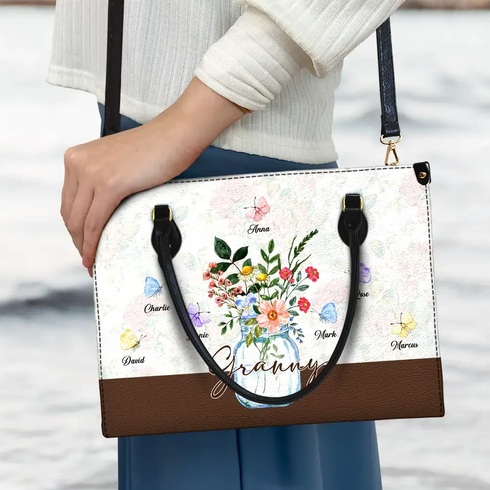 Jar Of Flowers And Butterfly Grandkids - Personalized Leather Bag - Gift For Mother, Grandma, Grandmother, Mother's Day NA94 - Image 3