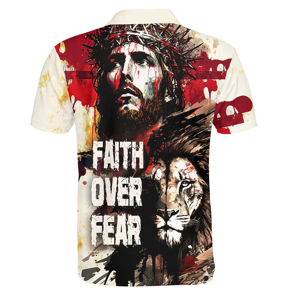 Jesus And Lion Faith Over Fear Polo Shirt For Men - Image 2