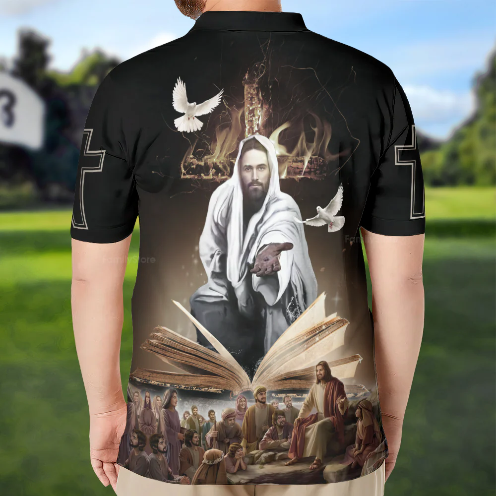 Jesus Give His Hand And Holy Bible - Men Polo Shirt - Image 2