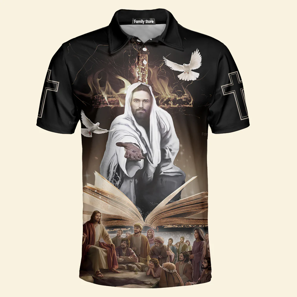 Jesus Give His Hand And Holy Bible - Men Polo Shirt - Image 3