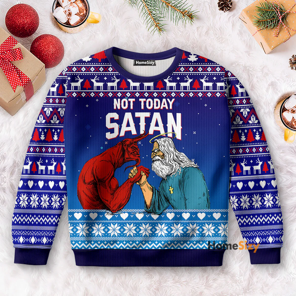 Jesus Not To Day Satan - Funny Ugly Christmas Sweater - Image 4