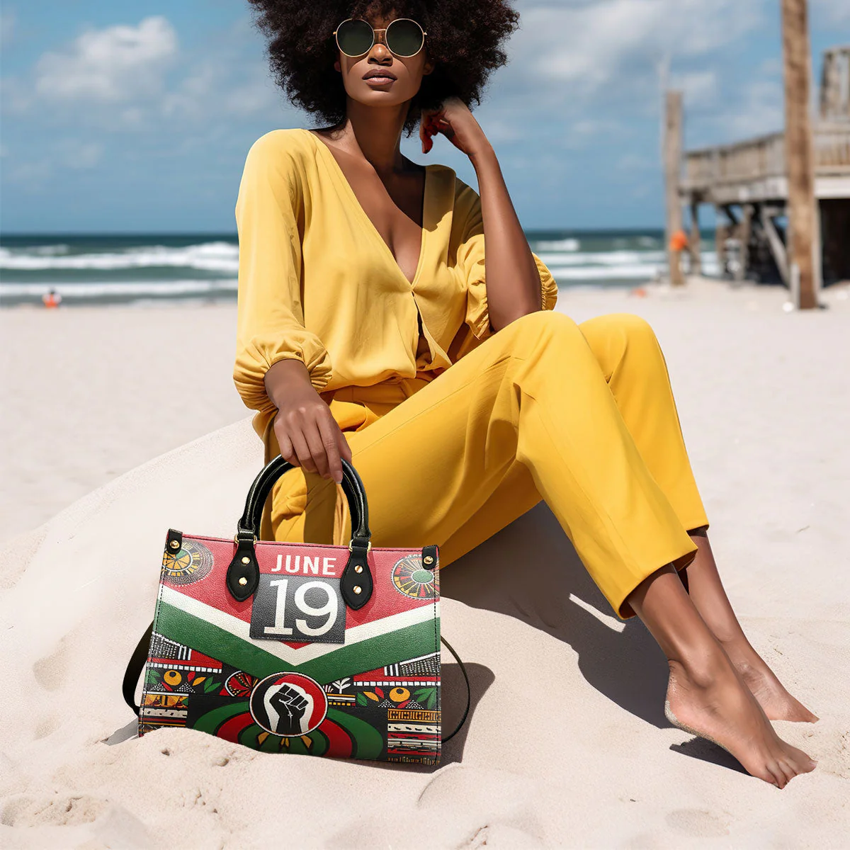 June 19 Black Power Raise Fist - Pan African Flag Leather Handbag - Juneteenth Gift For Her HD95 - Image 2