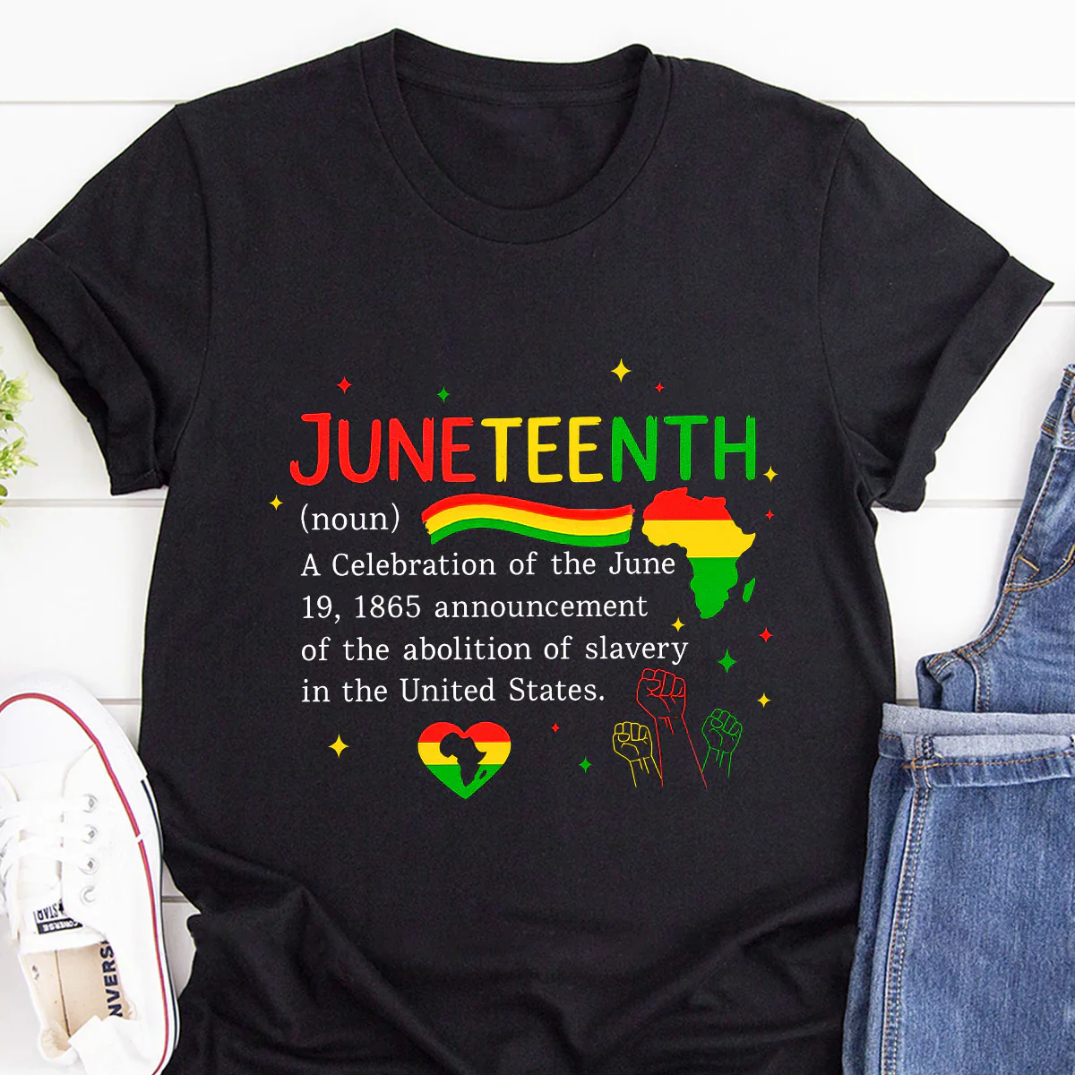 Juneteenth Definition Black History - African Map & Fist T-Shirt - 2D Unisex Tee Shirt | HD95