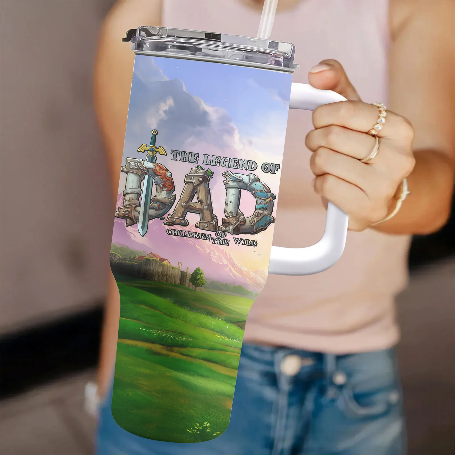 Legend Of Dad Zelda Children Of The Wild Mountain Scene - Personalized 40oz Tumbler Cup With Straw - Gift For Dad , Father’s Day | CL07 NA94 - Image 4