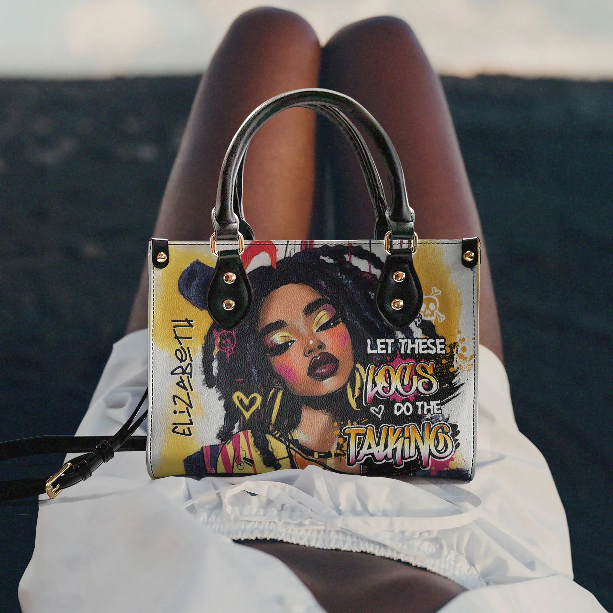 Let These Locs Talk Bold Graffiti Tote - Afro Art Leather Handbag - Gift for Black Women HD95 - Image 2