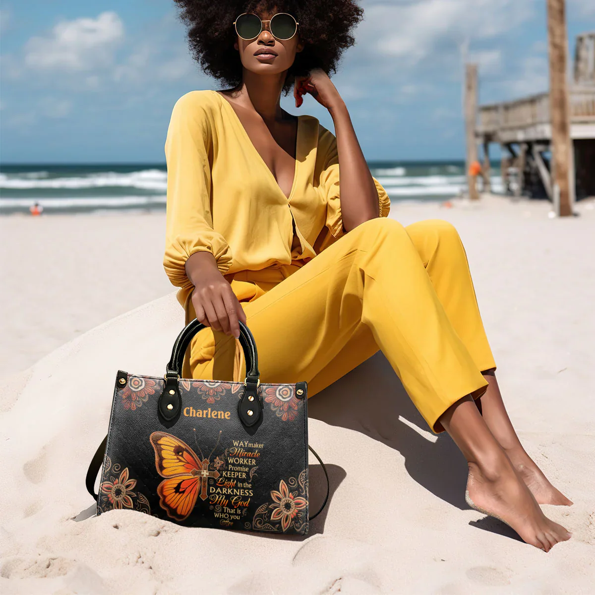 Light in the Darkness Butterfly Tote - Personalized Leather Handbag - Christian Gift For Black Women HD95 - Image 2