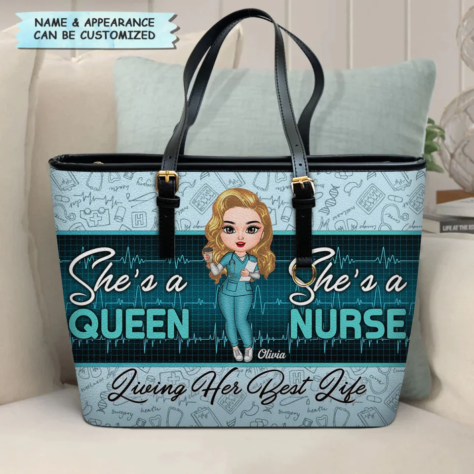 Living Her Best Life - Personalized Leather Tote Bag - Gift For Nurse | NR4 HH01 - Image 2