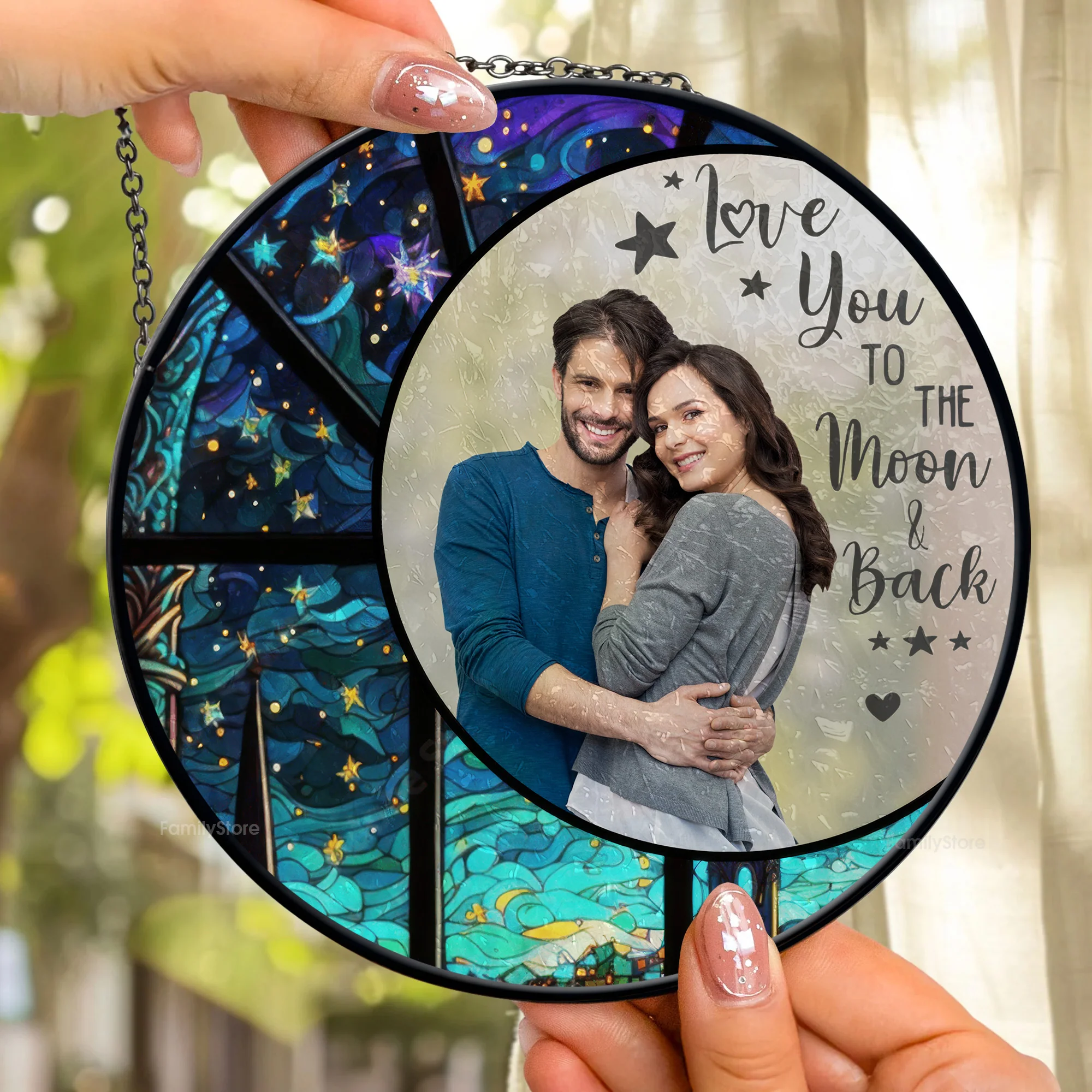 Love You To The Moon And Back - Gift For Couple - Personalized Stained Glass Window Hanging Suncatcher NA94 - Image 2
