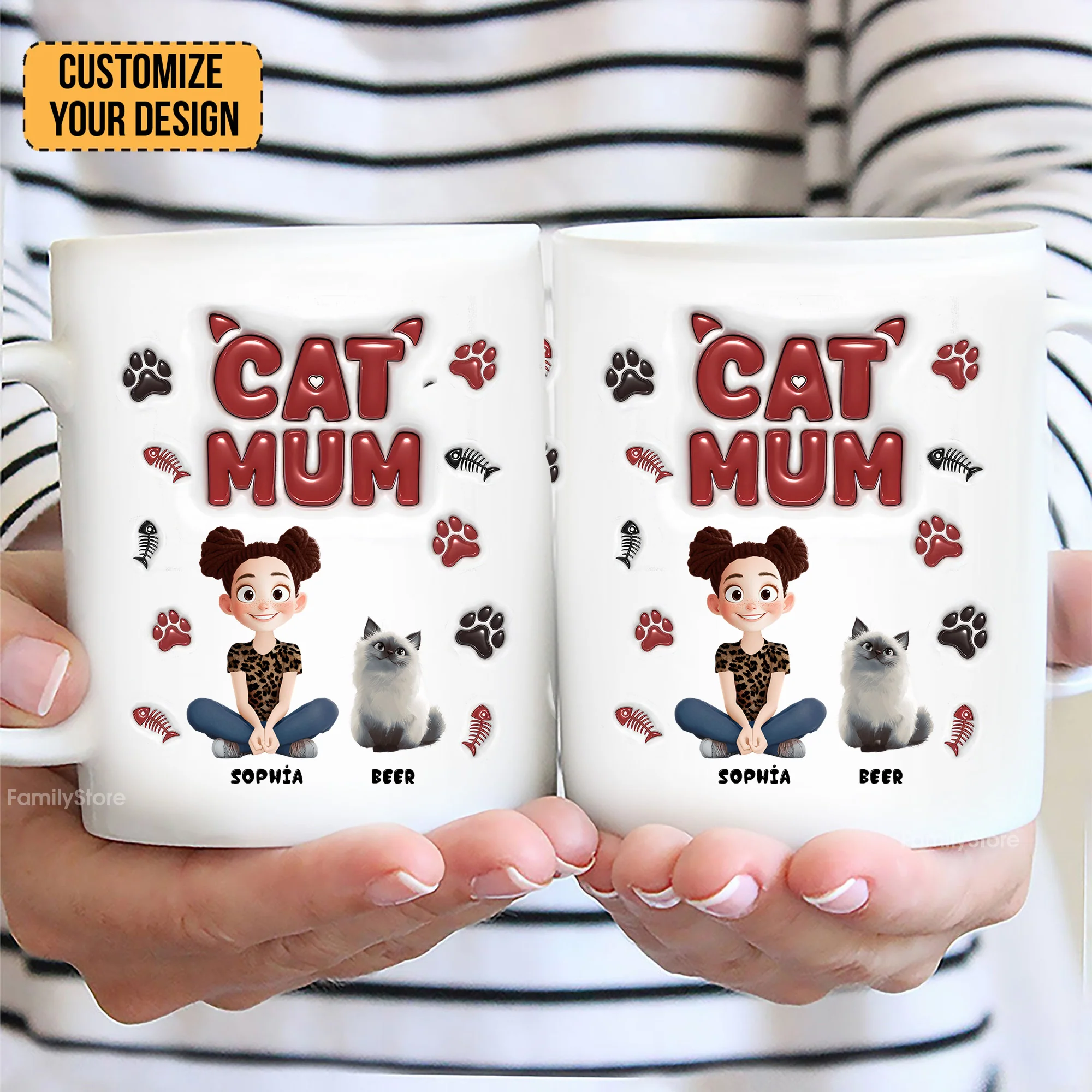 Lovely Cartoon Cat Mama - Personalized 3D Inflated Effect Ceramic Mug - Gift For Cat Lovers | CLP15 NA94 - Image 3