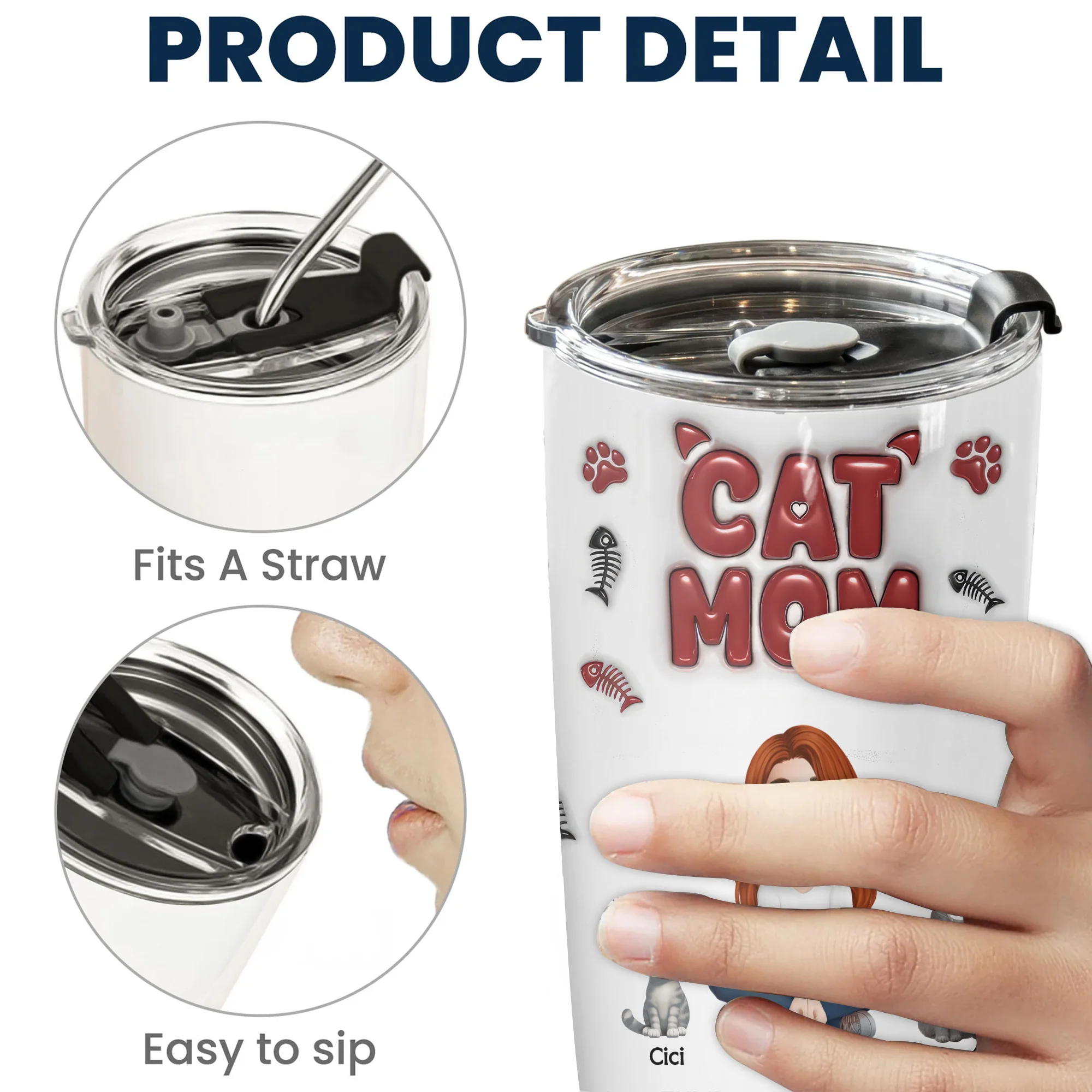 Lovely Cat Mama 3D Inflated Effect Cartoon Cat - Personalized Tumbler Cup - Gift for Pet Owners, Pet Lovers, Cat Mom | CLP15 NH96 - Image 5