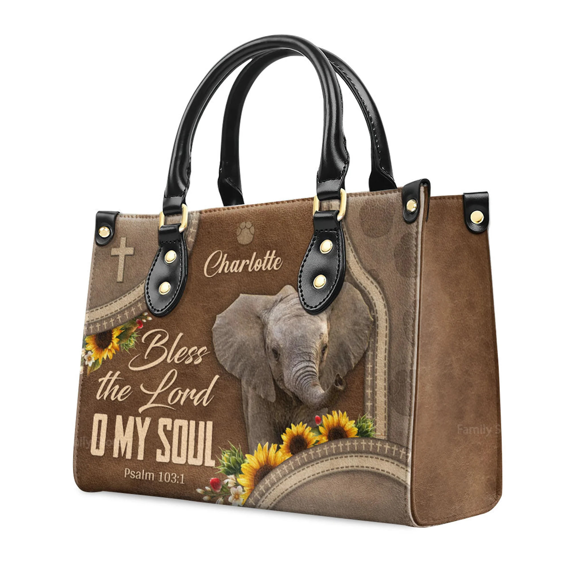Lovely Elephant - Bless The Lord O My Soul - Thoughtful Gift For Christians - Personalized Leather Handbag With Handle - AT4081329 - Image 3