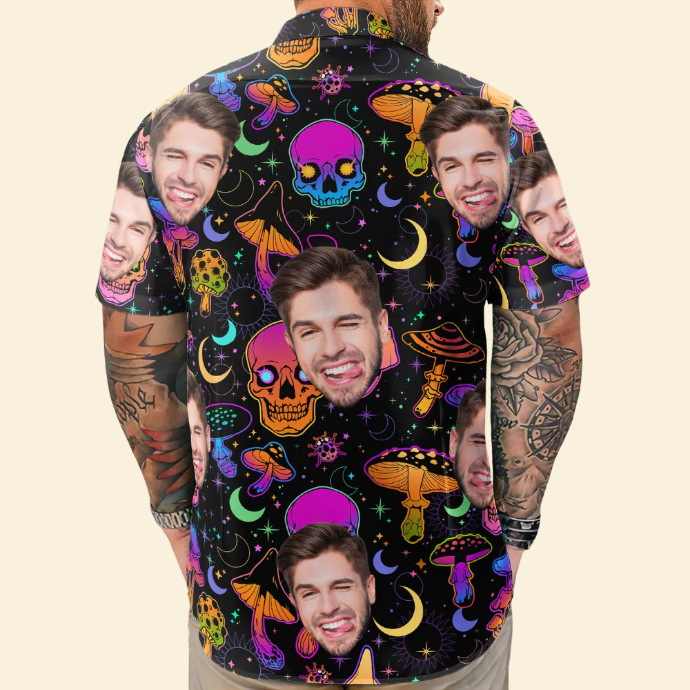 Custom Photo Magic Mushroom And Skull - Personalized Hawaiian Shirt - Image 2