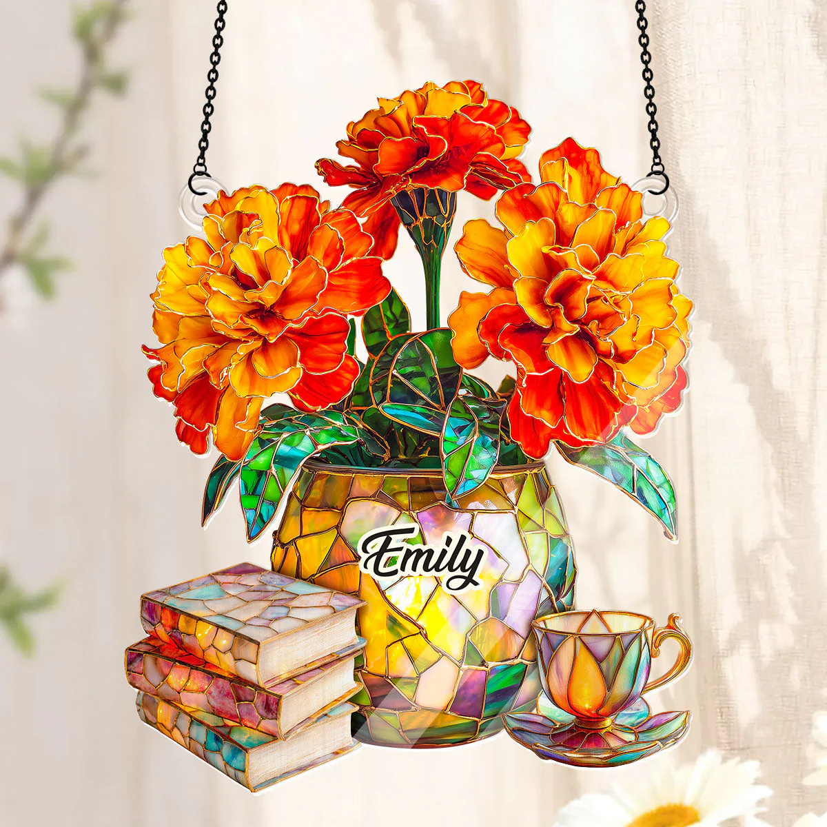 Marigold, Books, And Tea - Personalized Acrylic Suncatcher - Gift For Her, Book Lovers HH01 - Image 4