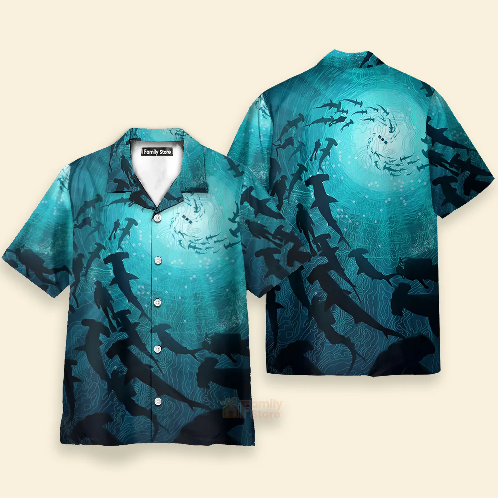 Ocean Themed Marine Life Shark - Chest Pocket Short Sleeve Hawaiian Shirt - Image 3