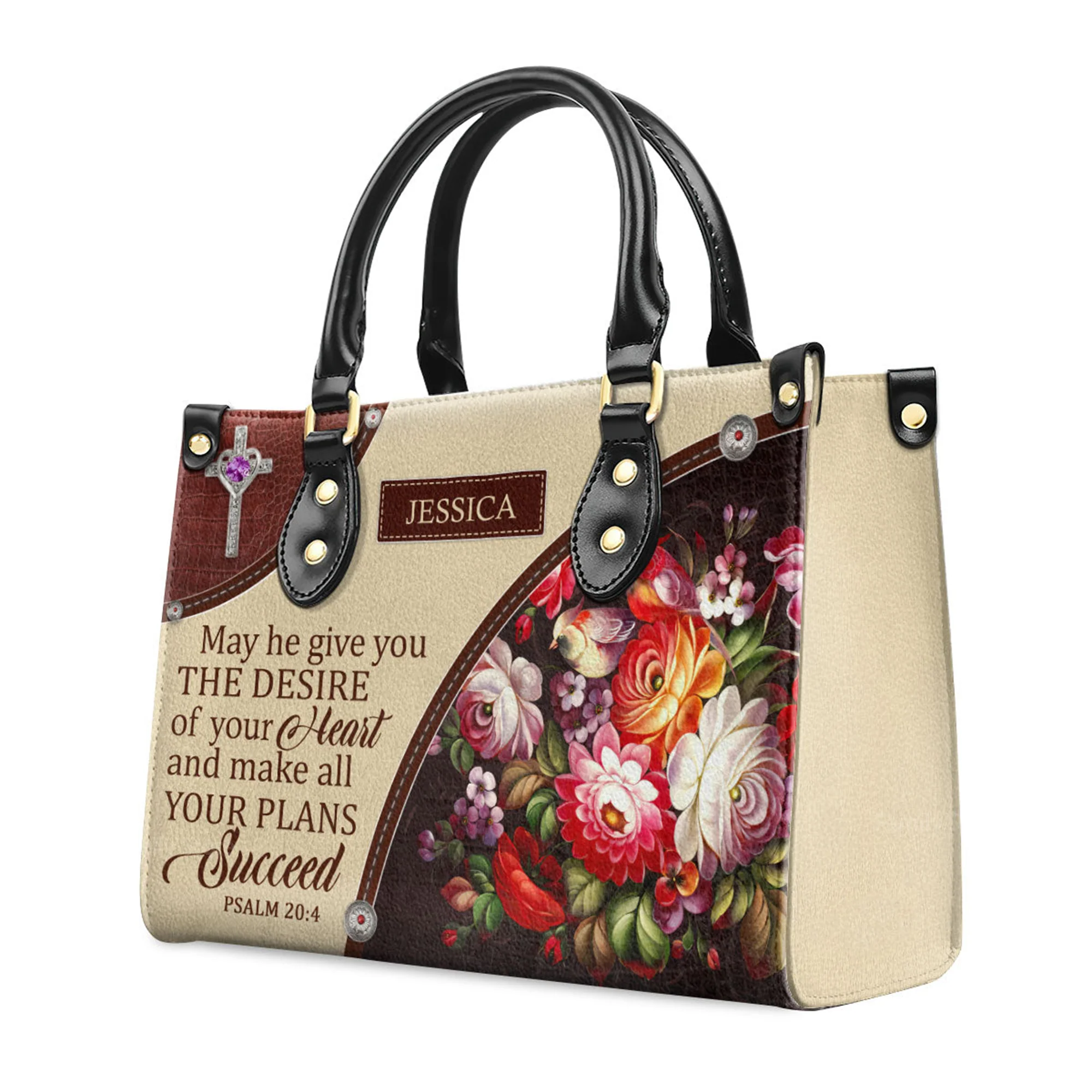 May He Make All Your Plans Succeed - Awesome Personalized Flower Leather Handbag - AT4080701 - Image 2