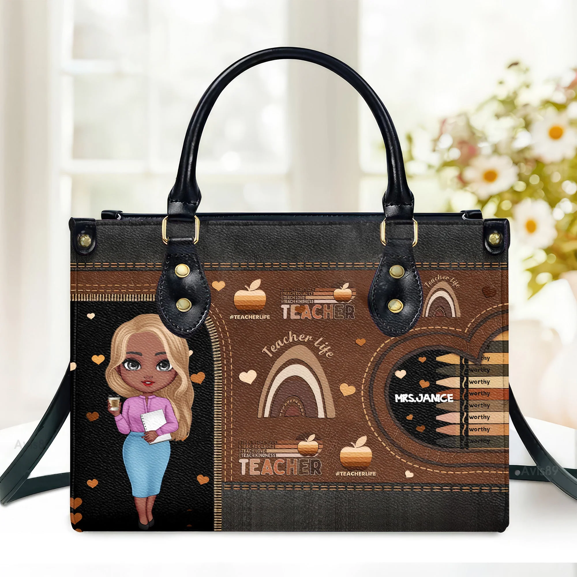 Melanin Teacher Life I Teach Worthy - Personalized Leather Handbag - Gift For Teacher's Day | CLTC01 HD95