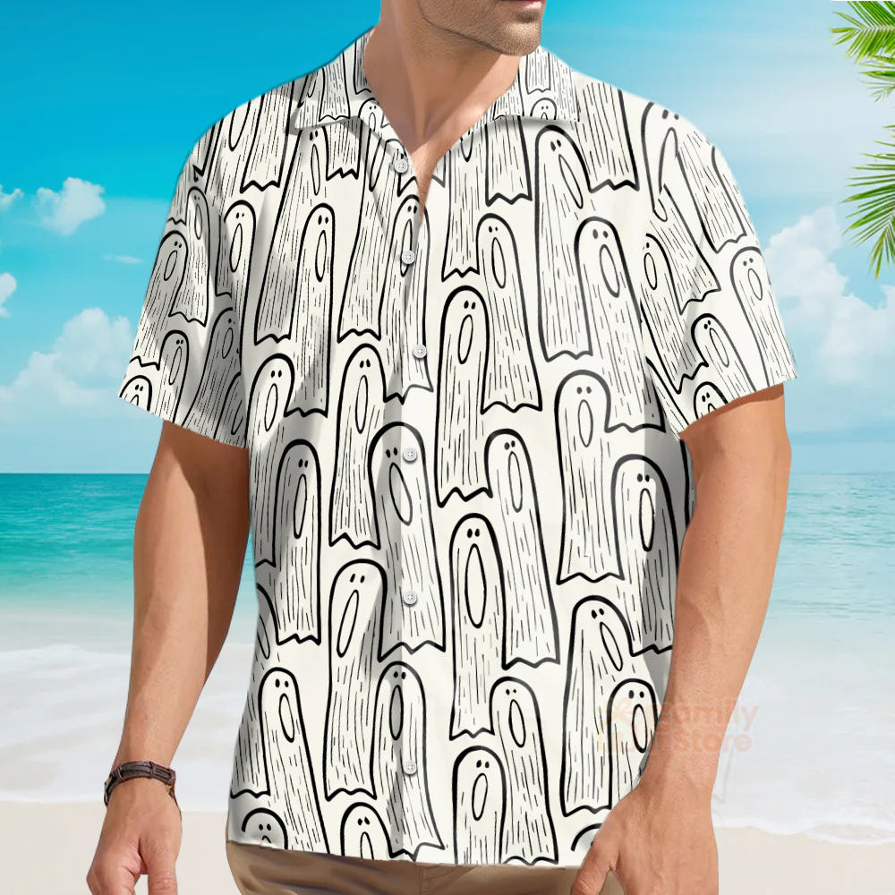 Men's Hawaiian Shirts Halloween Ghost Print Short Sleeve Shirt - Image 3