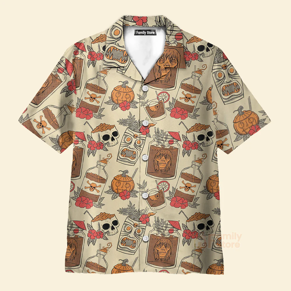 Mens Retro Drink Tiki Skull Print Casual Hawaiian Aloha Shirt