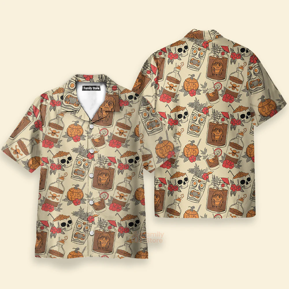 Mens Retro Drink Tiki Skull Print Casual Hawaiian Aloha Shirt - Image 2