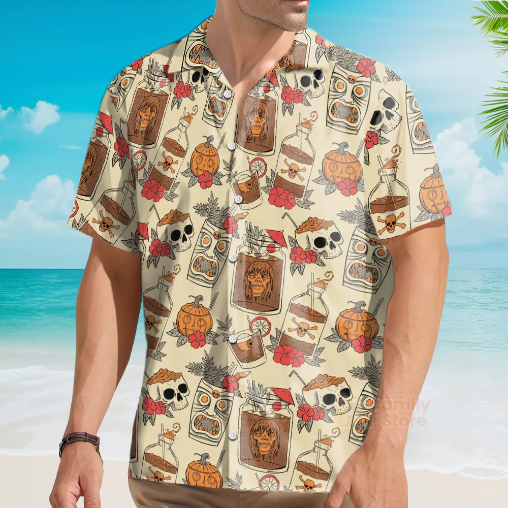 Mens Retro Drink Tiki Skull Print Casual Hawaiian Aloha Shirt - Image 3