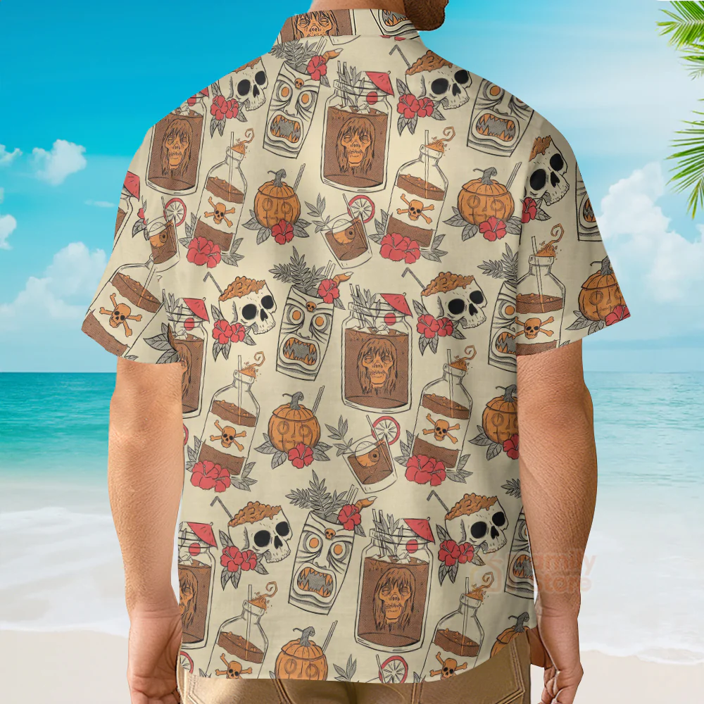 Mens Retro Drink Tiki Skull Print Casual Hawaiian Aloha Shirt - Image 4