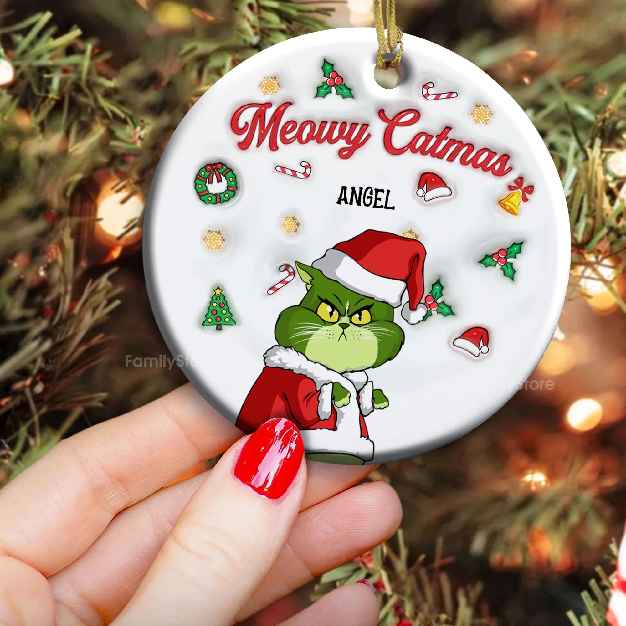 Meowy Catmas Grinch Cats 3D Inflated Effect - Gift For Cat Lover, Pet Lovers - Personalized Ceramic Ornament - CL16 NH96 - Image 4