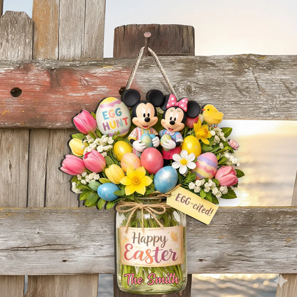 MkMo Magic Mouse Happy Easter - Personalized Wood Sign - Gift For Family, Fan Movies HH01 - Image 2