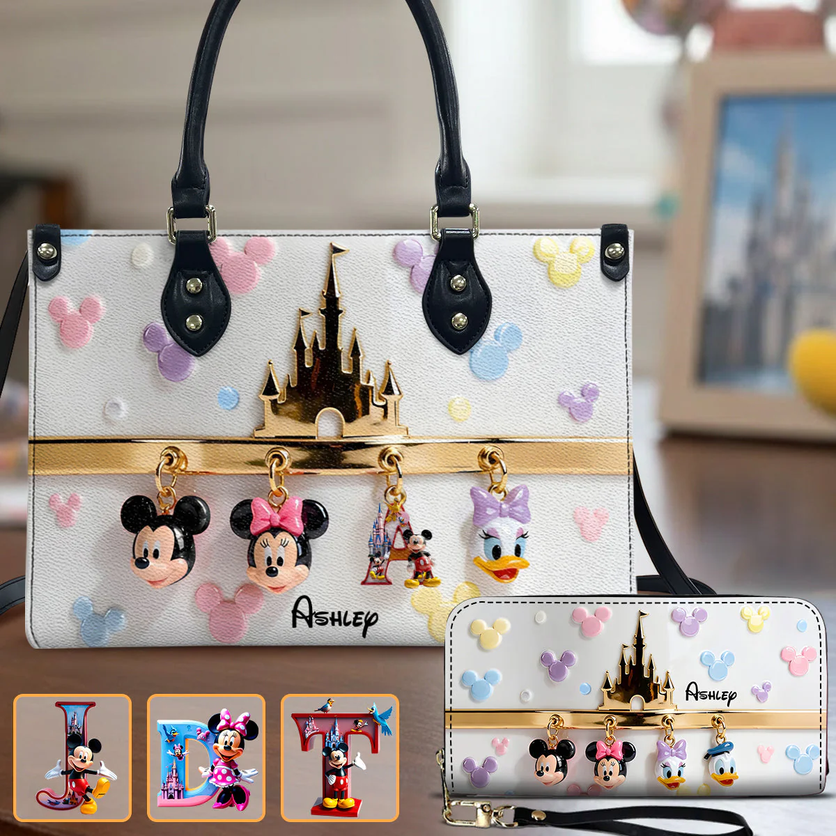 MkMo Magic Mouse Magical Castle - Personalized Leather Handbag & Leather Long Wallet - Gift For Her, Movie Fans NL122