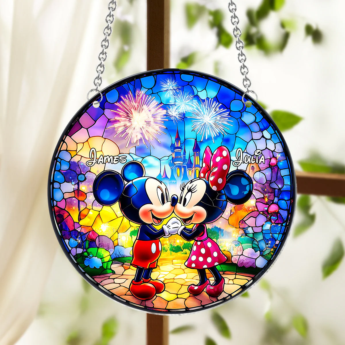 MkMo Magic Mouse We Meet In The Galaxy - Personalized Stained Glass Window Hanging Suncatcher - Gifts For Couples NA94 - Image 2