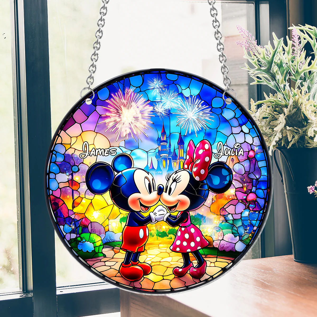 MkMo Magic Mouse We Meet In The Galaxy - Personalized Stained Glass Window Hanging Suncatcher - Gifts For Couples NA94 - Image 5