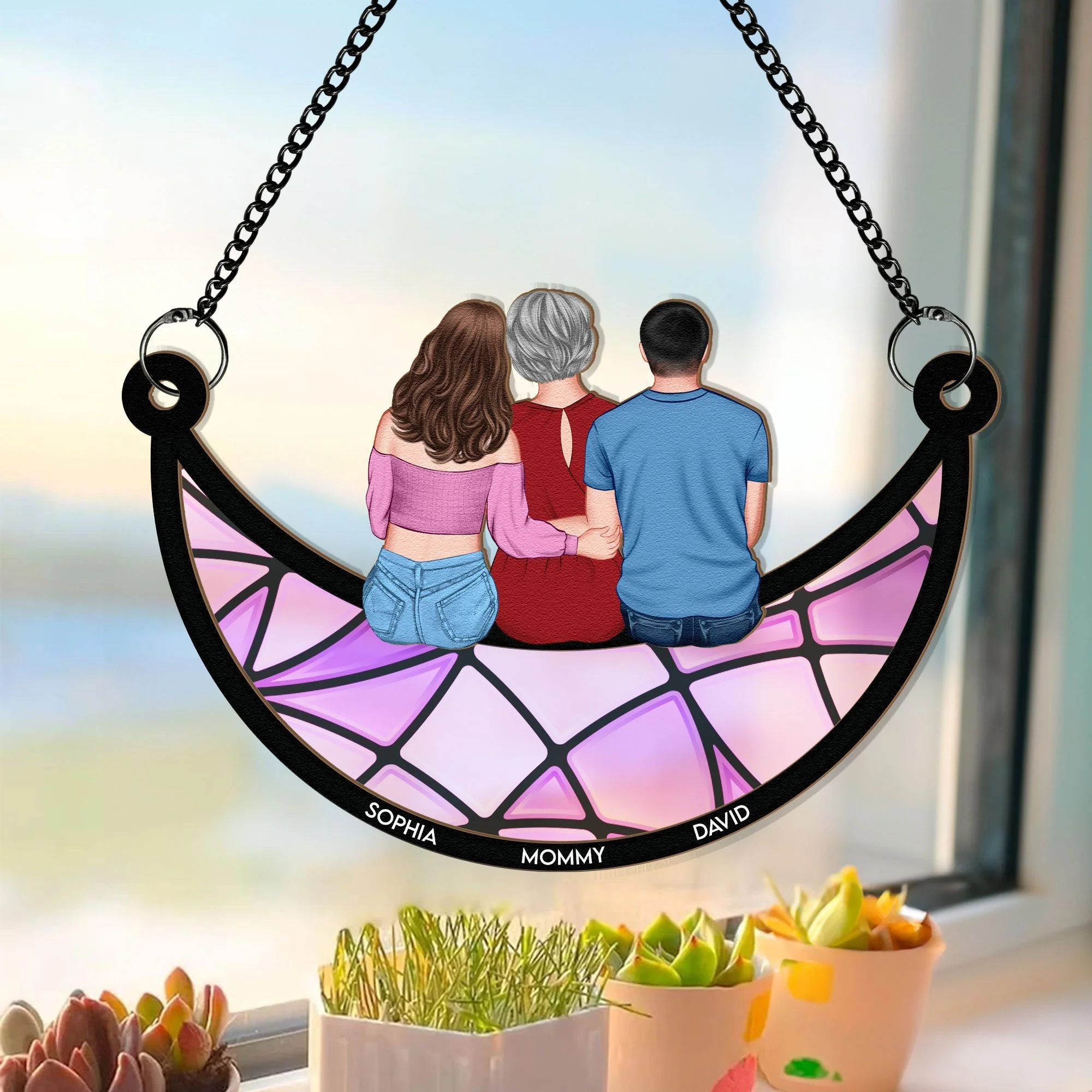 Mom, Children Sitting On The Moon  - Personalized Window Hanging Window Hanging Suncatcher Ornament - Gift For Couples | GR24 NA94