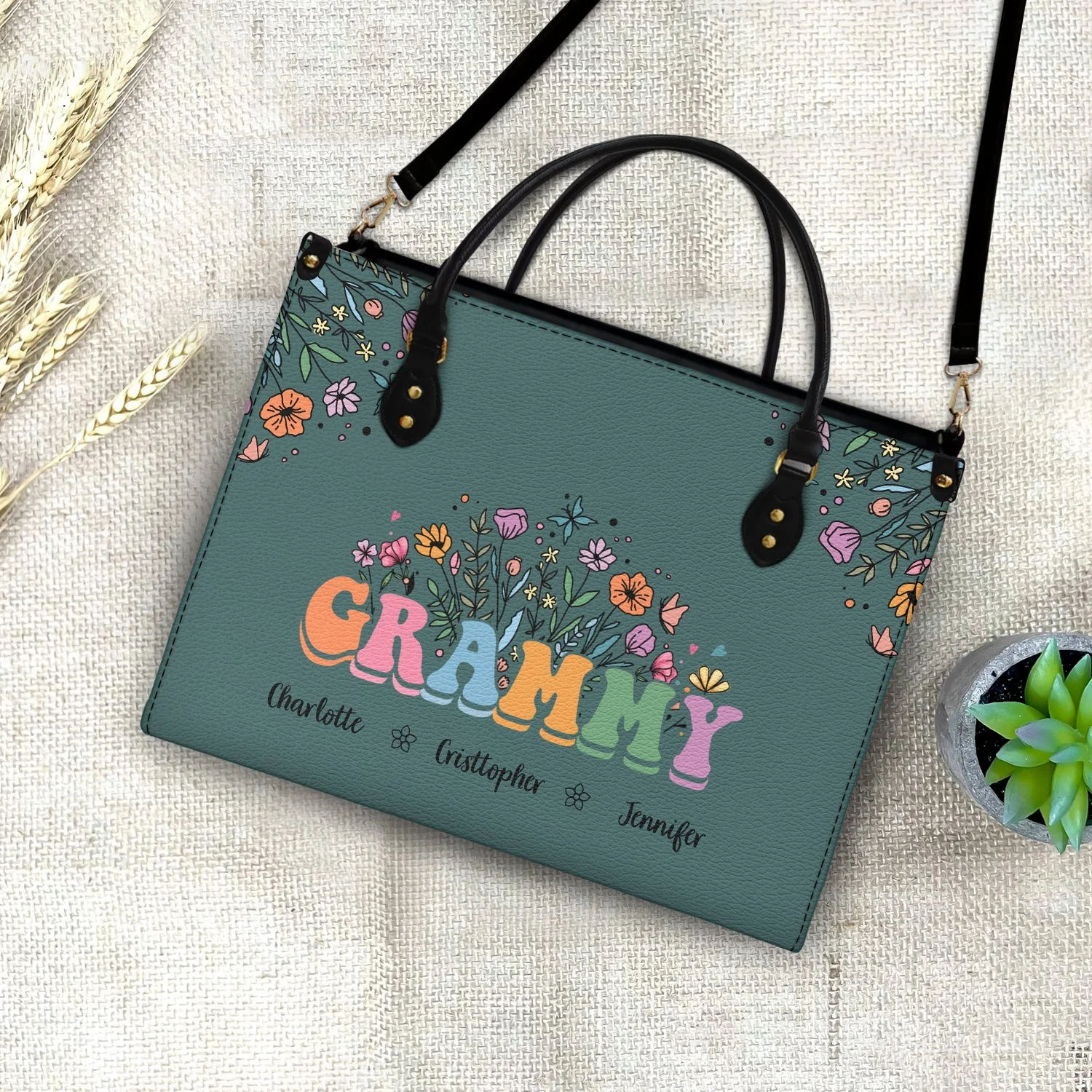 Mom Grandma Floral - Personalized Leather Bag - Gift For Mother, Grandma, Grandmother, Mother's Day | NA94 - Image 4