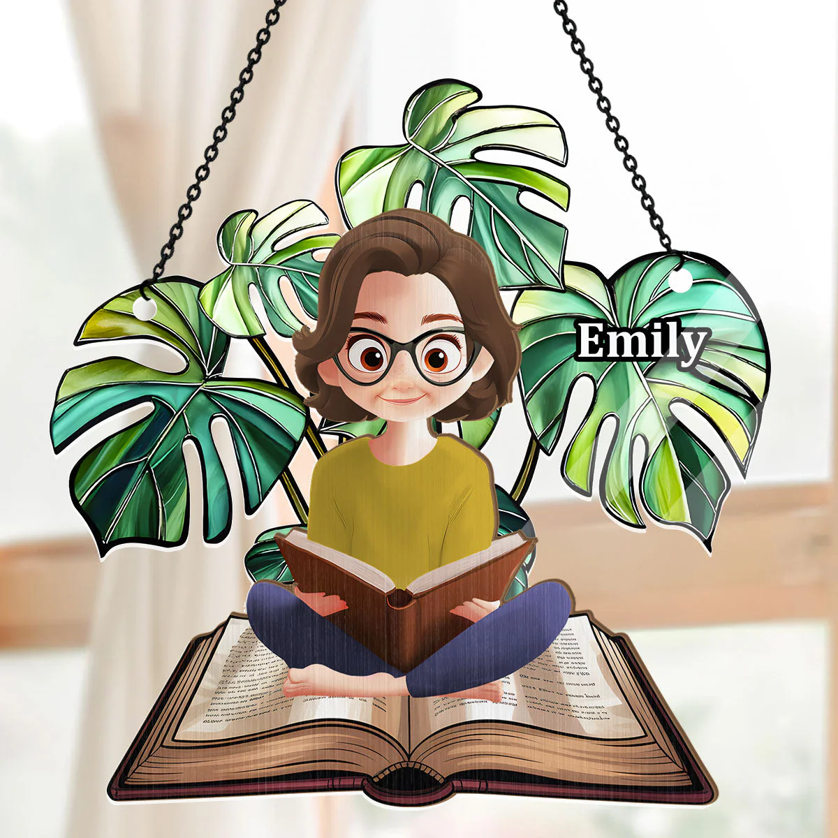 Monstera Leaves & Book Lovers - Personalized Window Hanging Suncatcher | CLB2 - Image 5